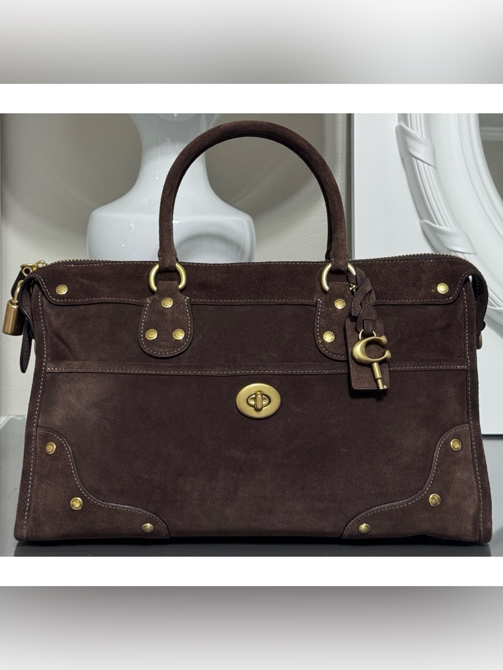 COACH Rhyder Suede Satchel Bag 38, DARK CHOCOLATE